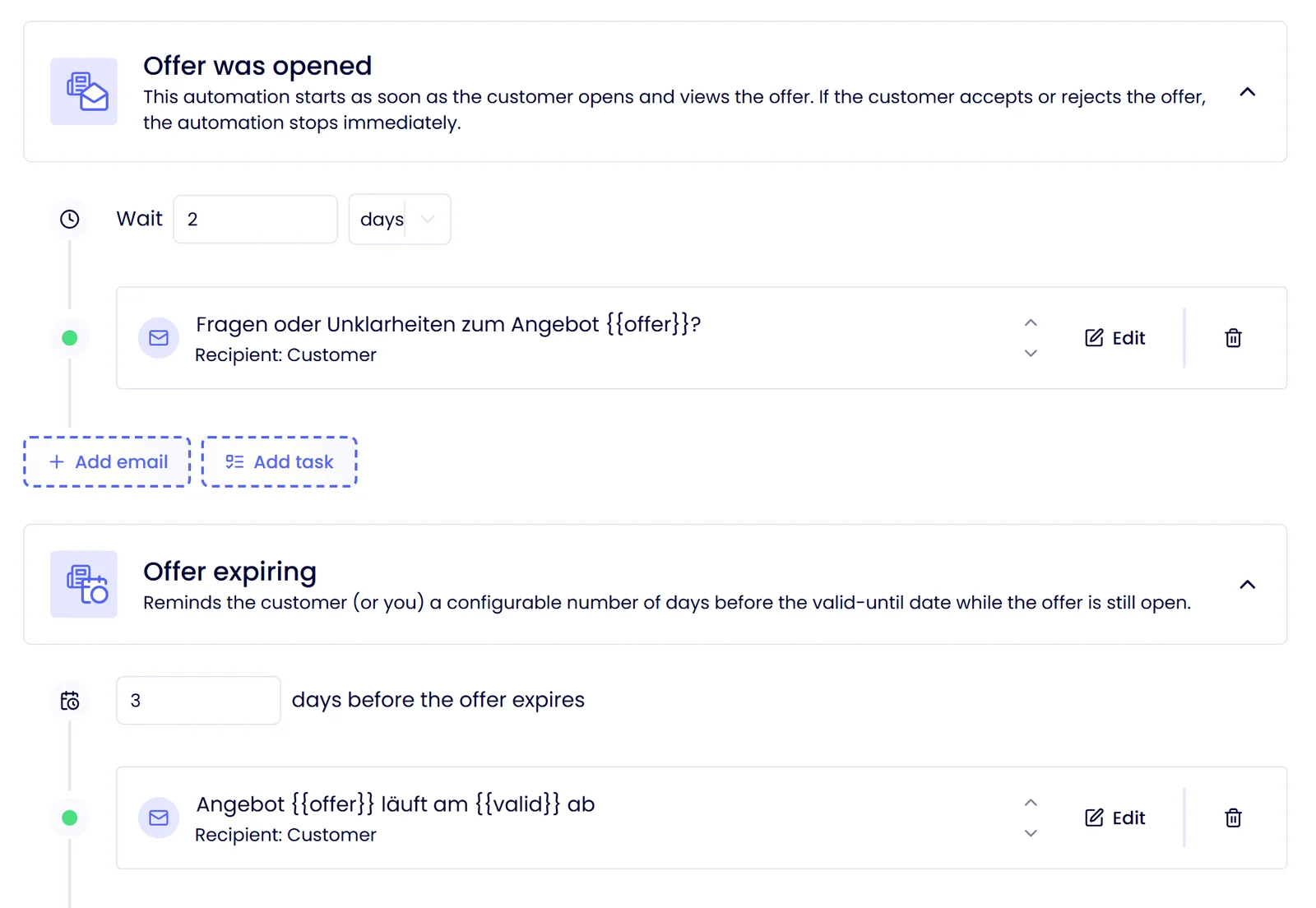 Saley automations: follow-up email two days after opening and a reminder three days before the proposal expires