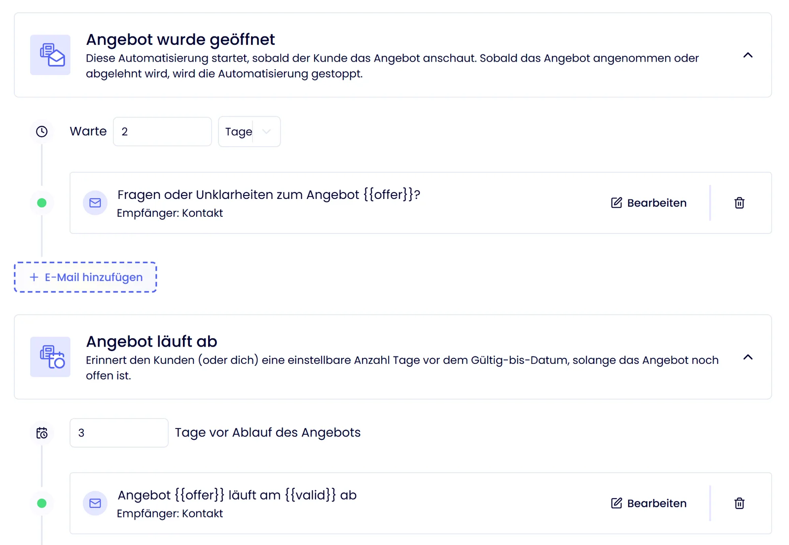 Saley Automatisierungen: Follow-up-E-Mail zwei Tage nach dem Öffnen und Erinnerung drei Tage vor Ablauf des Angebots