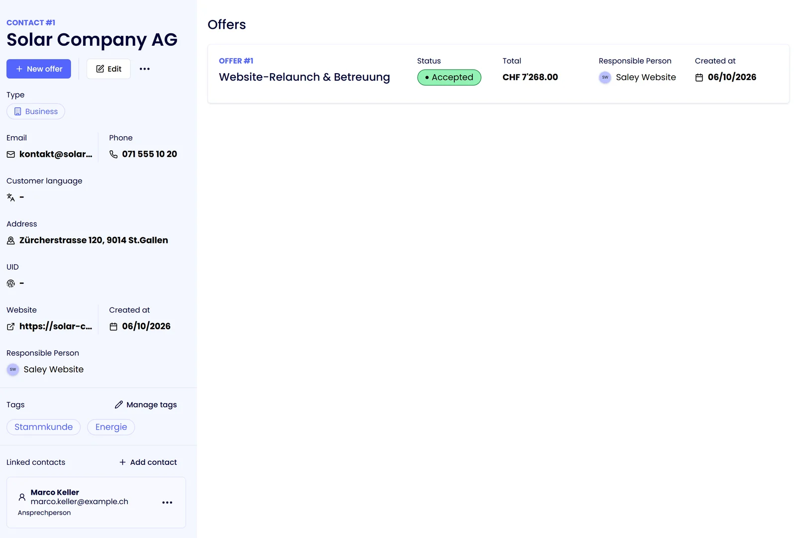 Saley company contact with contact details, tags, contact person and proposals