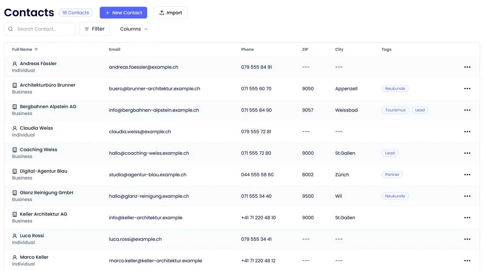 Saley contact list with companies, private individuals and tags