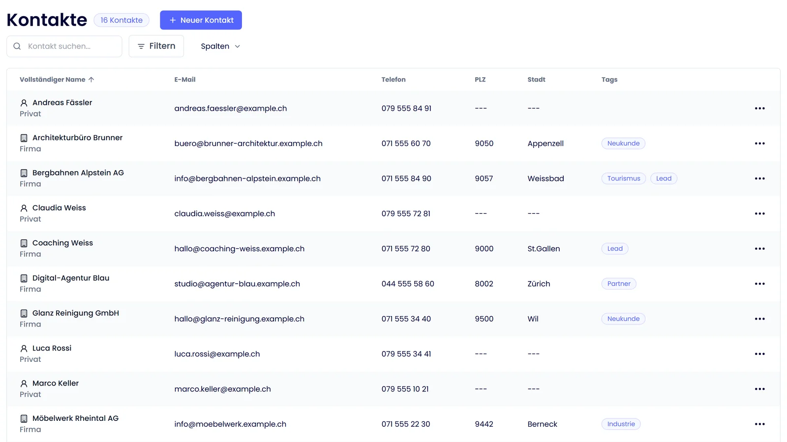 Saley Kontaktliste mit Firmen, Privatpersonen und Tags
