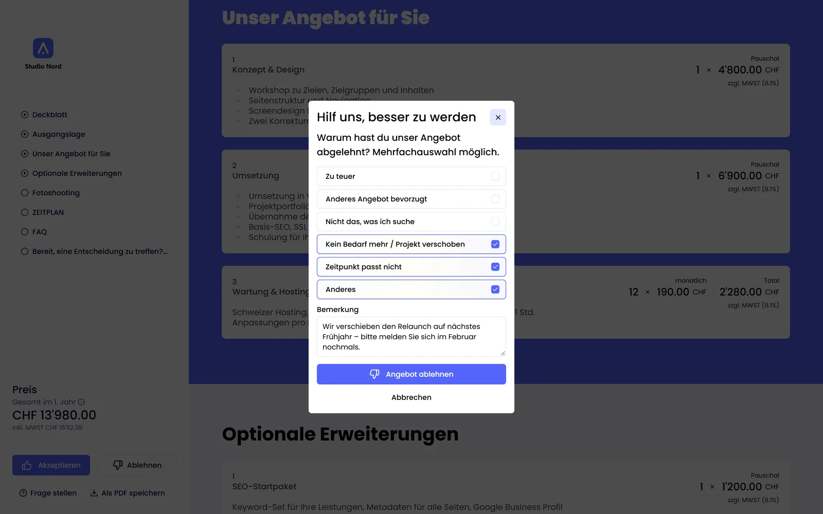 Saley Kundenansicht: Angebot ablehnen mit Gründen und Bemerkung