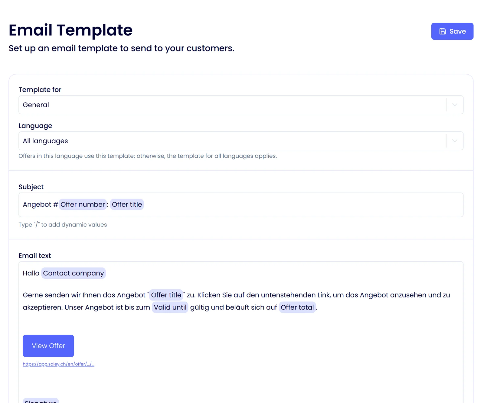 Saley email template with placeholders for contact, proposal title, validity, total and signature