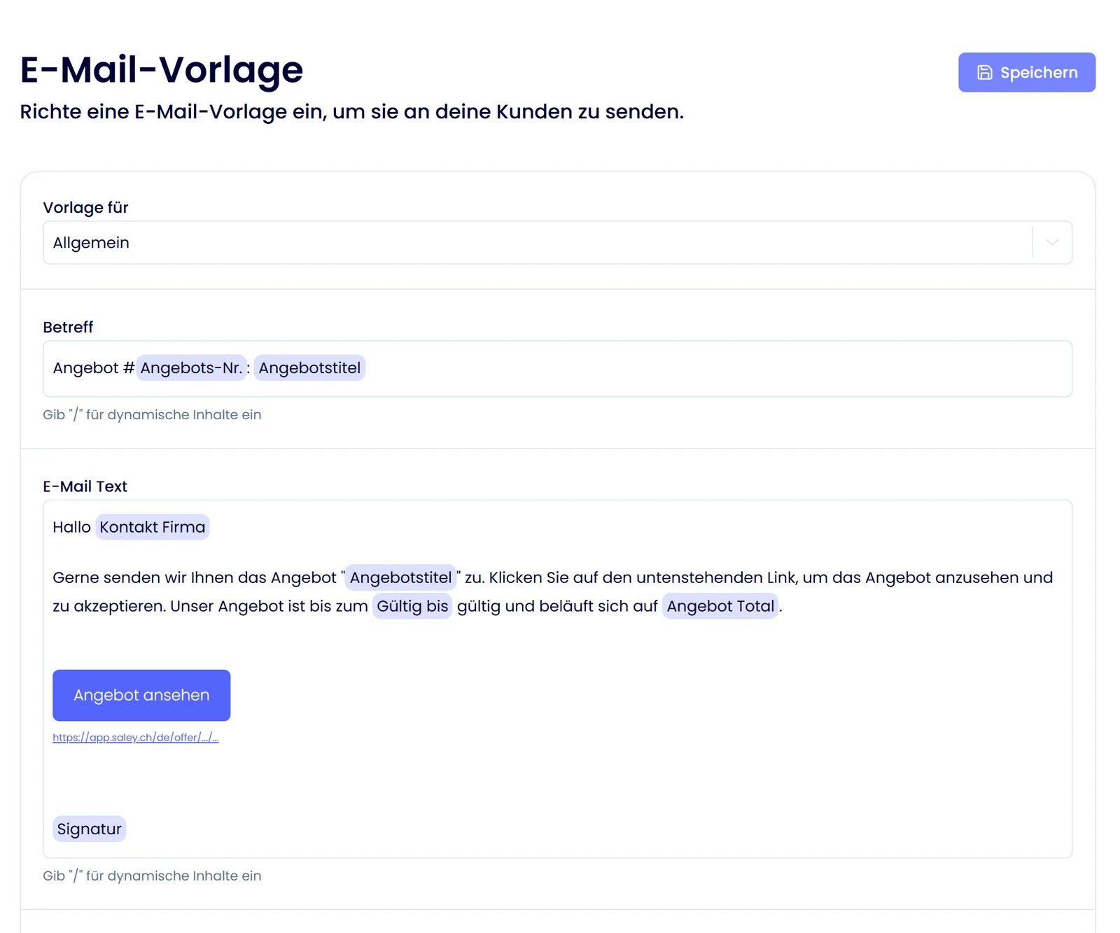 Saley E-Mail-Vorlage mit Platzhaltern für Kontakt, Angebotstitel, Gültigkeit, Total und Signatur