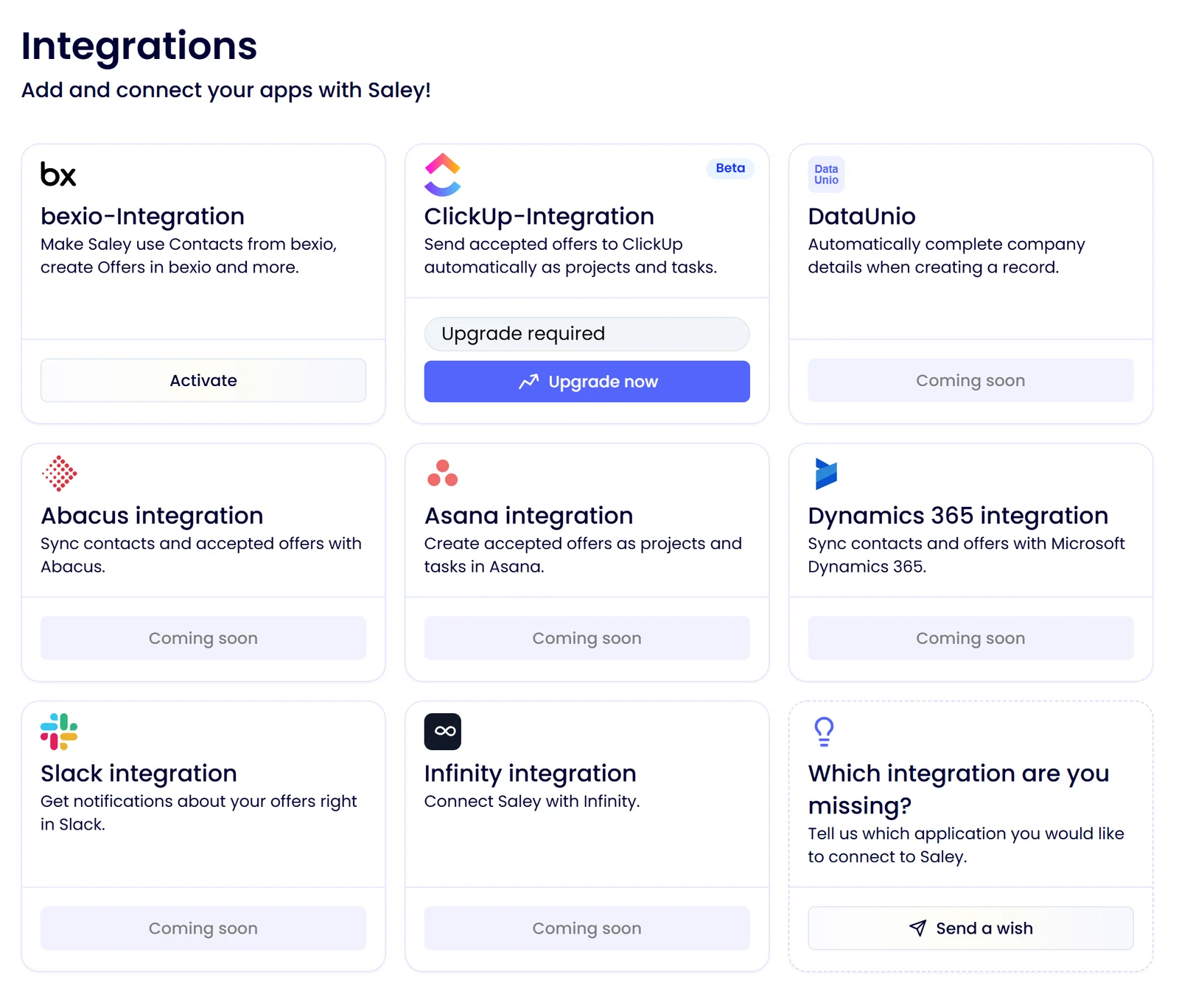 Saley integrations: bexio and ClickUp, with DataUnio, Abacus, Asana, Dynamics 365, Slack and Infinity to follow