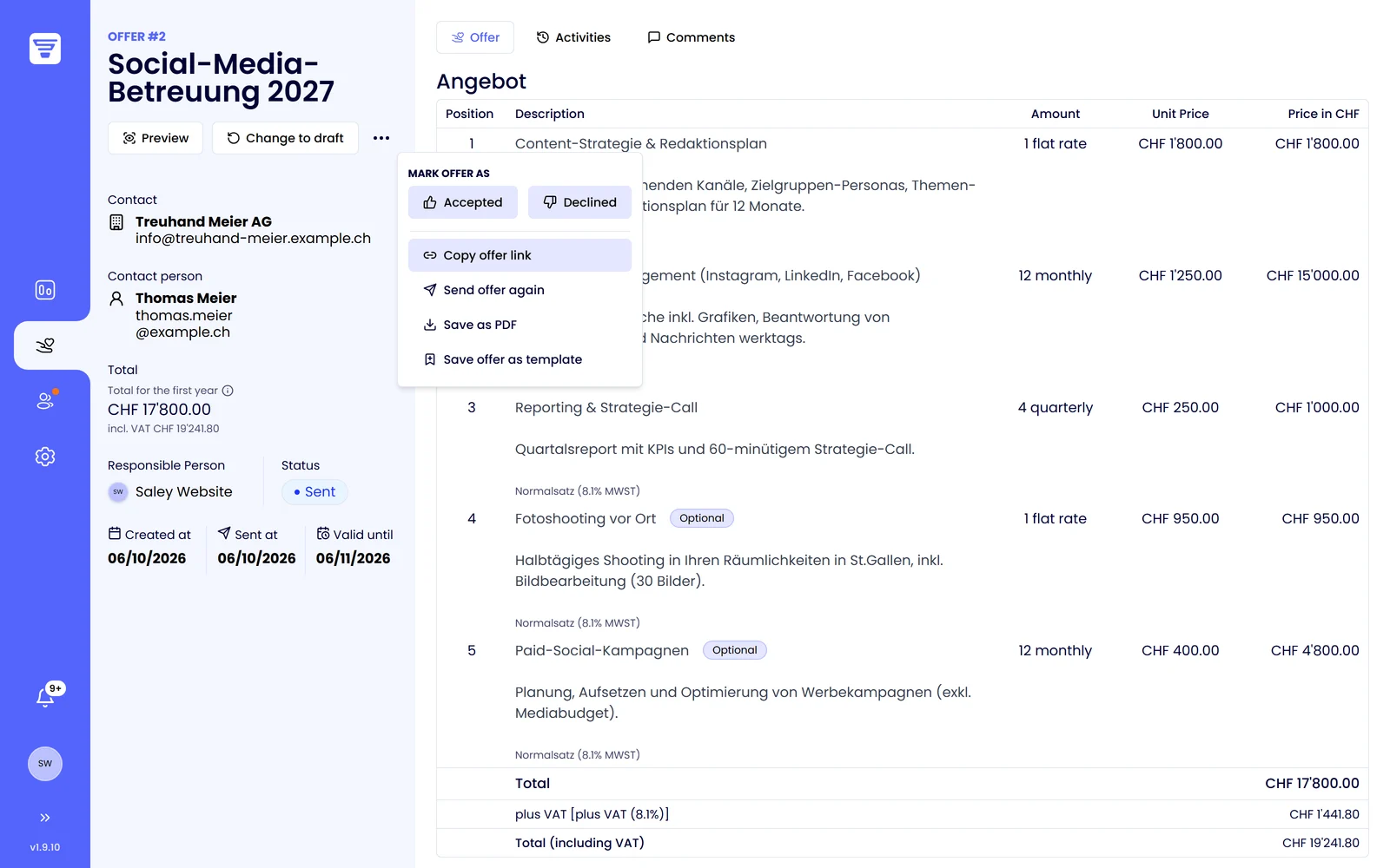 Saley proposal (internal view): actions including “Save as PDF”