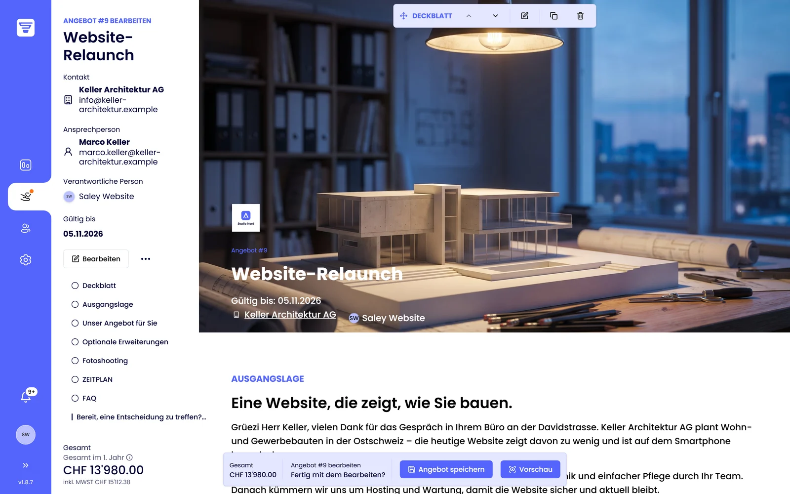 Saley Editor: Deckblatt eines Angebots mit Block-Toolbar und Abschnittsnavigation