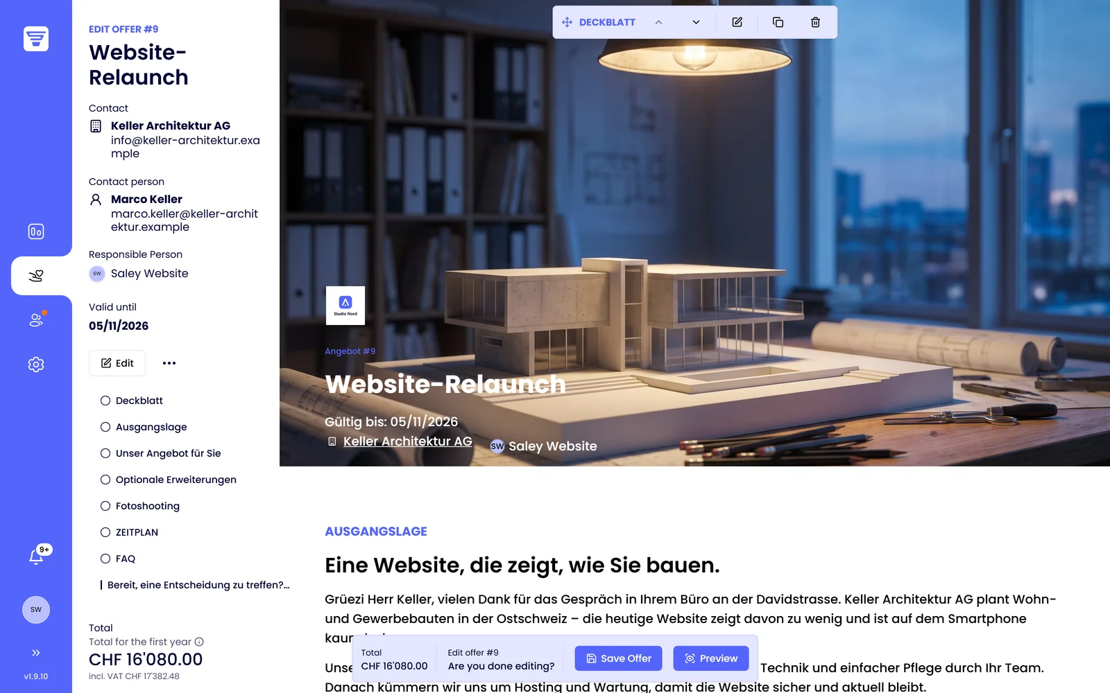 Saley editor: cover page of a proposal with block toolbar and section navigation