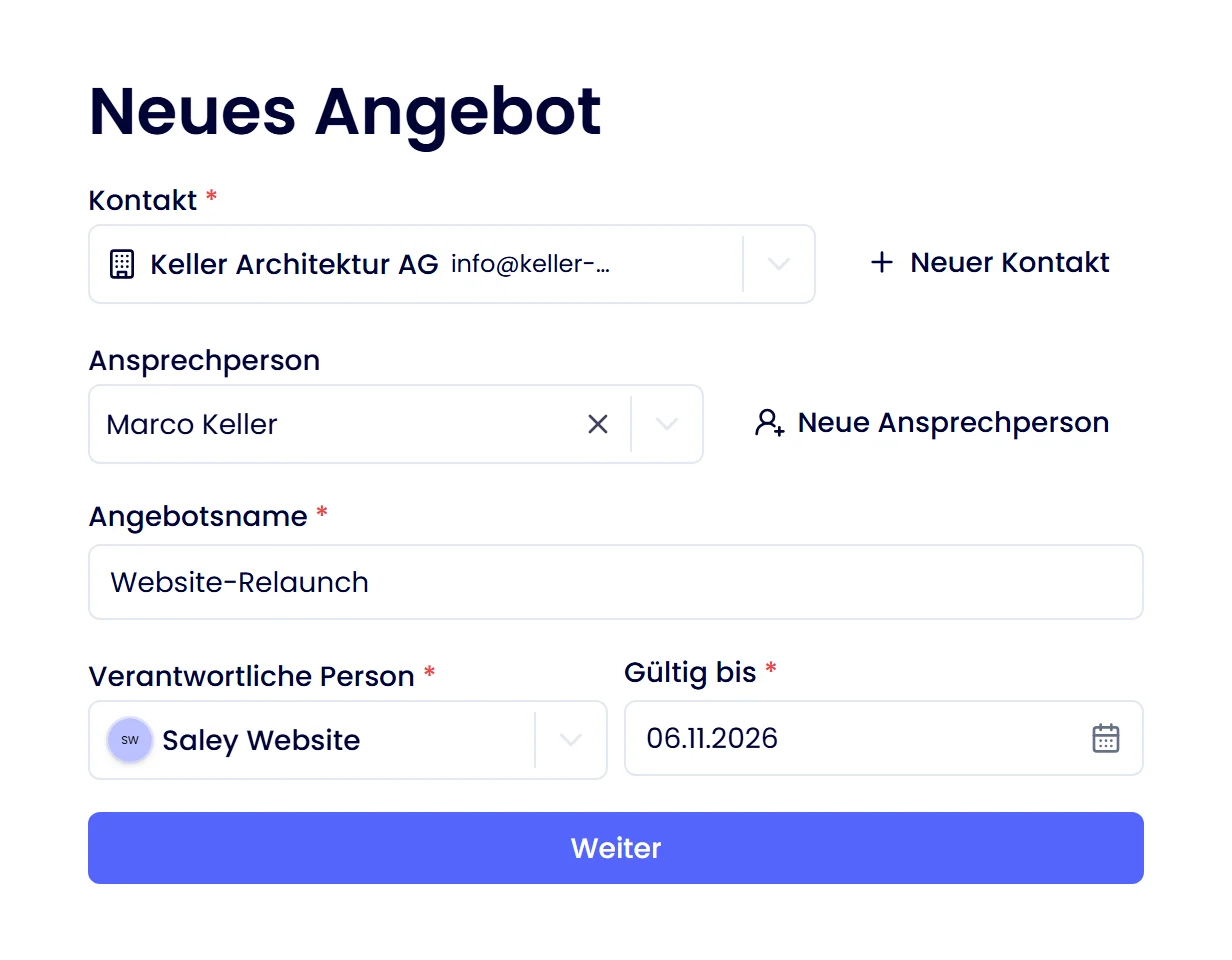Saley: neues Angebot mit Kontakt, Verantwortlicher Person und «Gültig bis»
