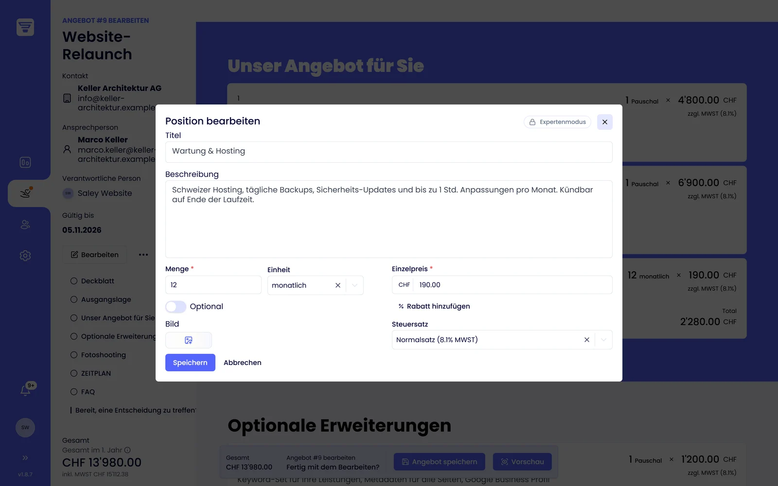 Saley Editor: Position mit Menge, Einheit monatlich, Rabatt, Optional und Steuersatz