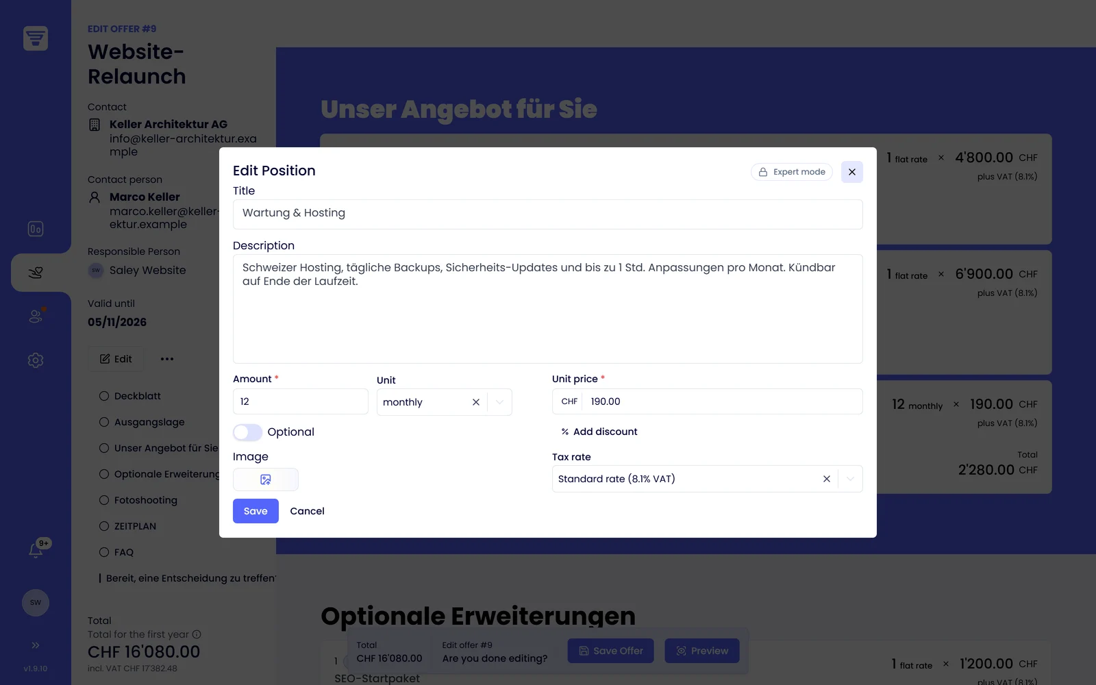 Saley editor: item with quantity, monthly unit, discount, optional and tax rate