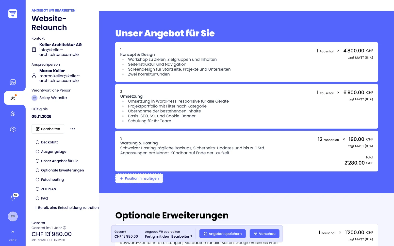Saley Editor: einmalige und monatliche Positionen mit «Gesamt im 1. Jahr»