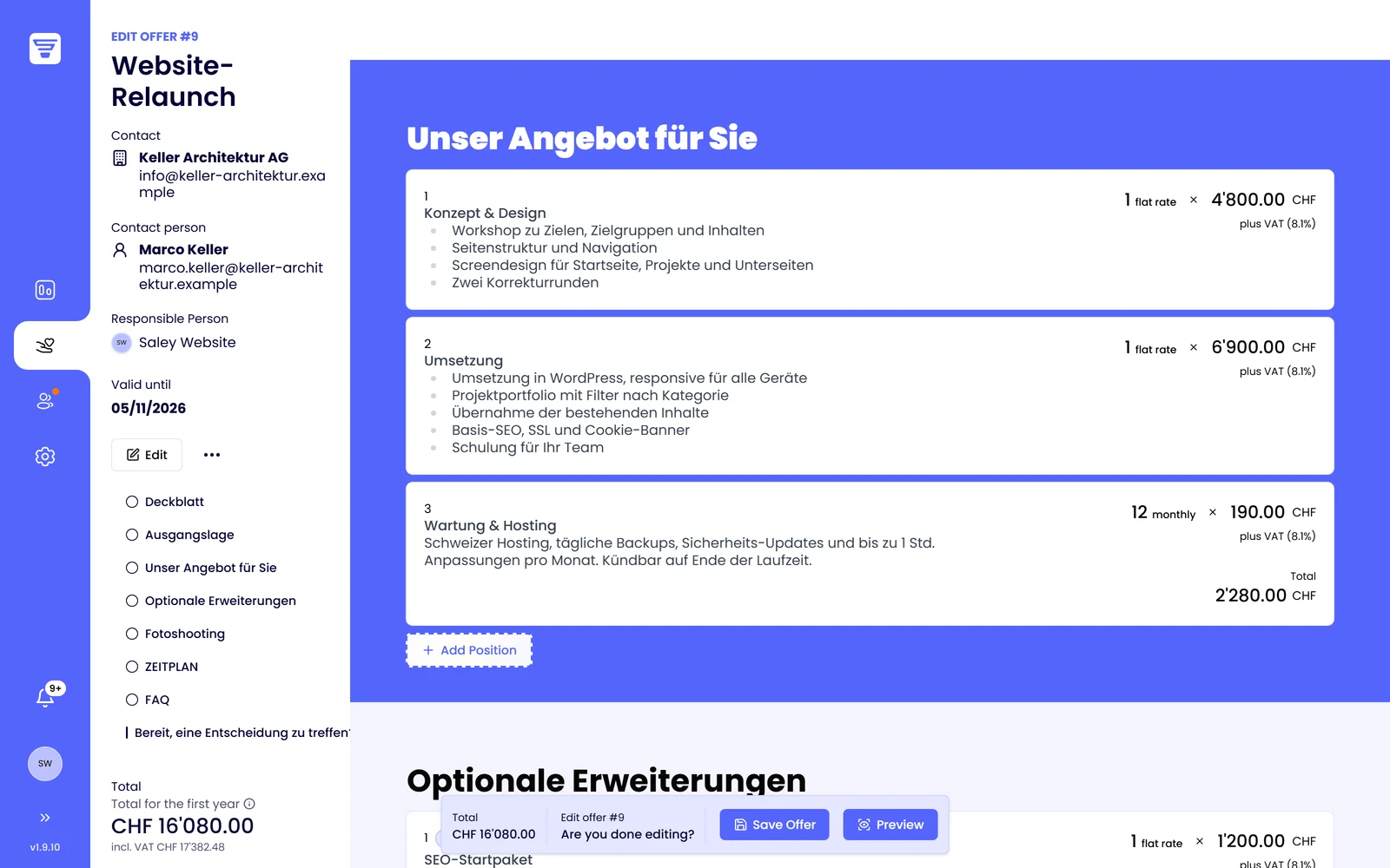 Saley editor: one-off and monthly items with “Total for the first year”