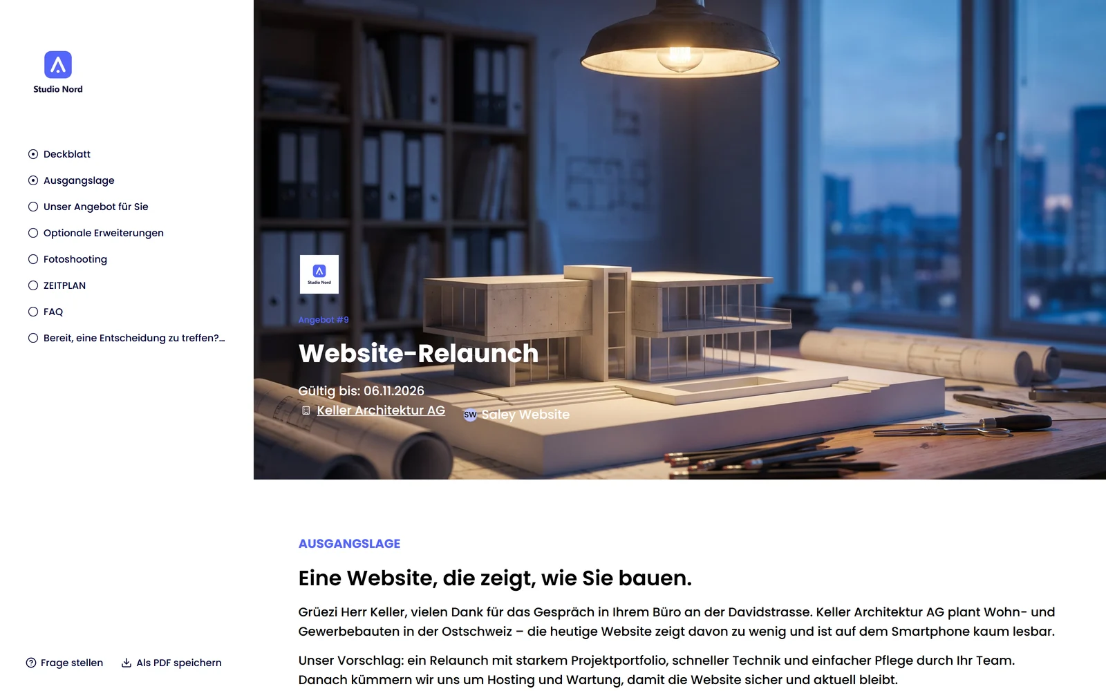 Saley Kundenansicht: Deckblatt eines Angebots mit Kapitel-Navigation