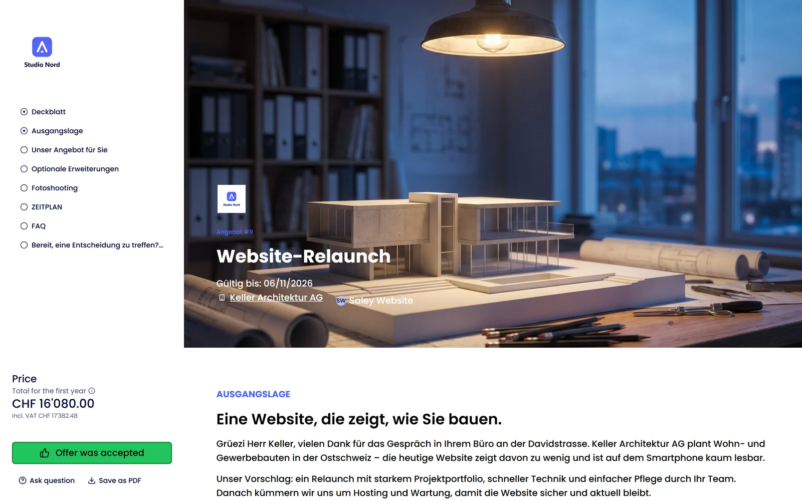 Saley customer view: cover page of a proposal with chapter navigation
