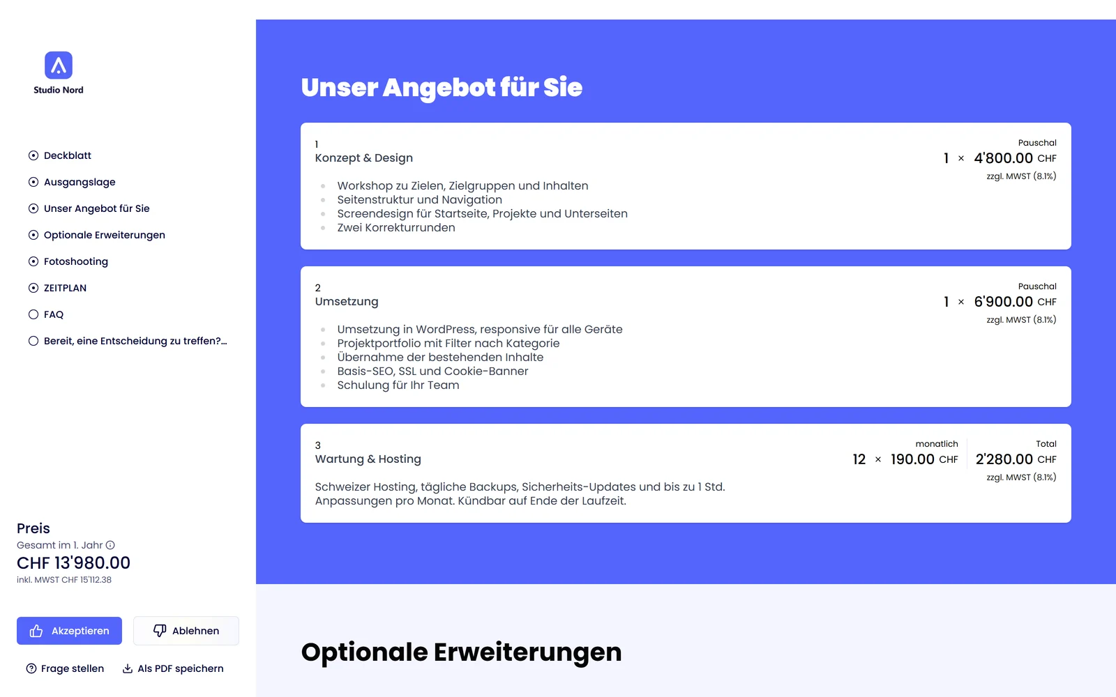 Saley Kundenansicht: Leistungen mit Preisen