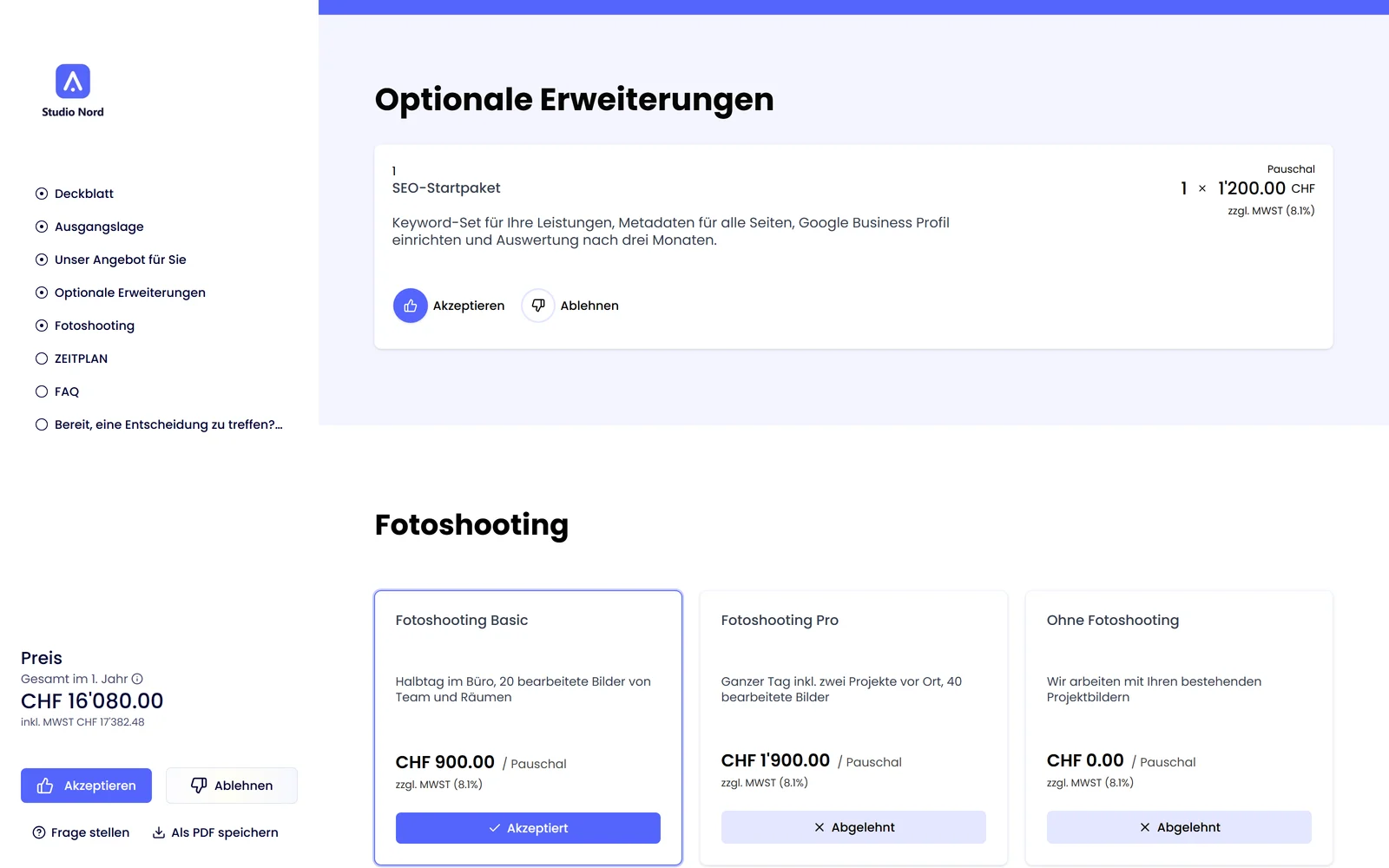Saley Kundenansicht: optionale Erweiterungen gewählt, Preis aktualisiert