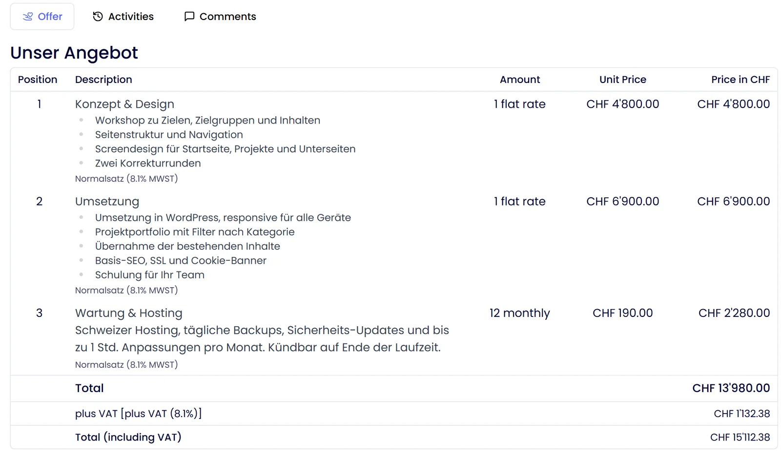 Saley: proposal with line items, quantities and total price