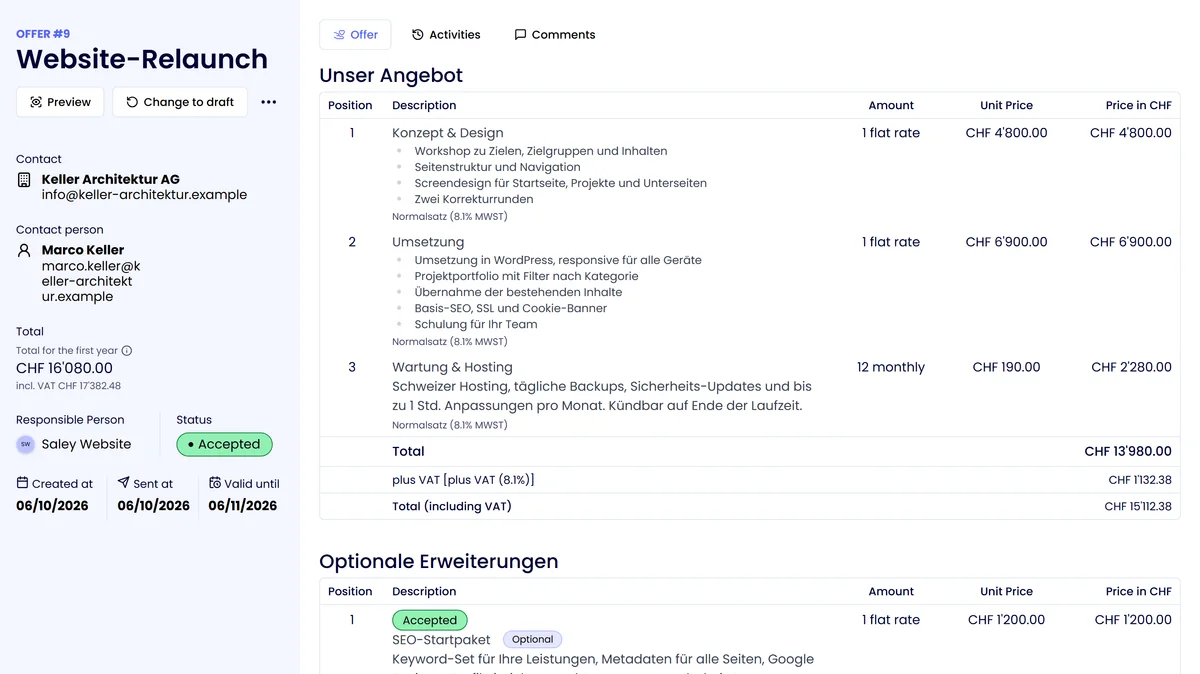 Saley: proposal with contact, contact person, total, status and line items