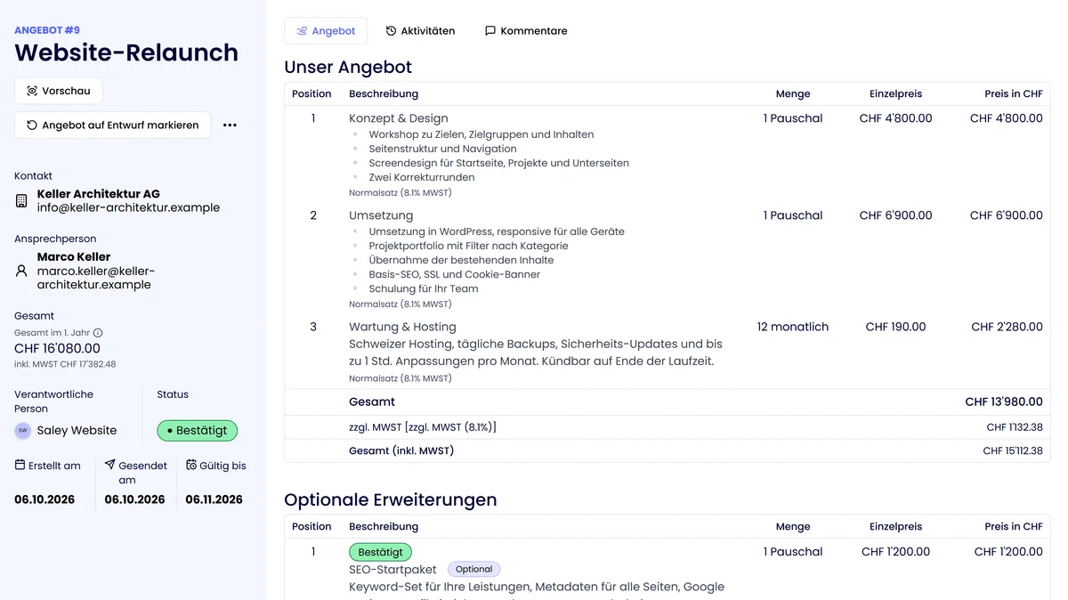 Saley: Angebot mit Kontakt, Ansprechperson, Gesamtbetrag, Status und Positionen