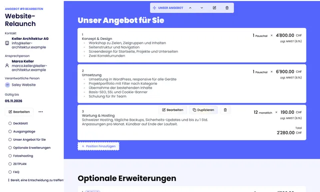 Saley: Angebot im Editor mit Positionen und Preisen