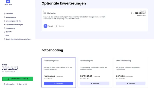 Saley: customer view in the seller's branding with optional add-ons