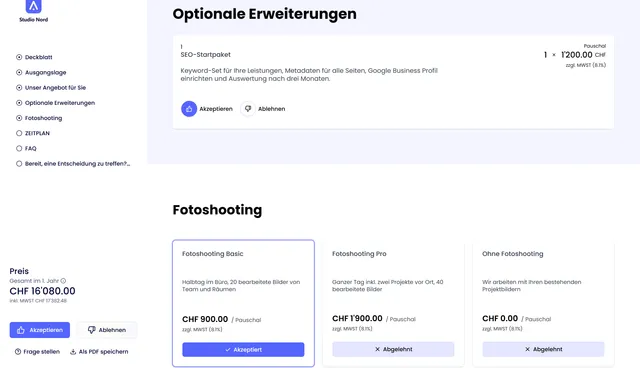Saley: Kundenansicht im Branding des Verkäufers mit optionalen Erweiterungen