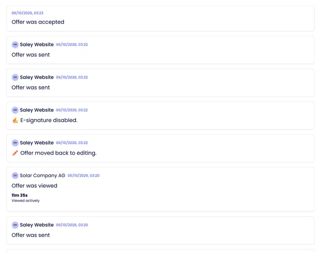 Saley: activity of a proposal – sent, opened, accepted
